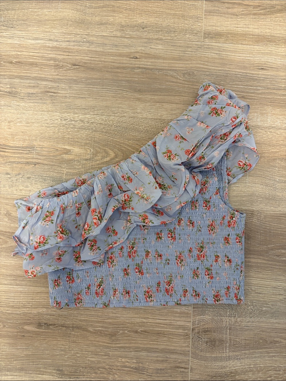 Abercrombie & Fitch Light Blue Floral One-Shoulder Ruffle Crop Top